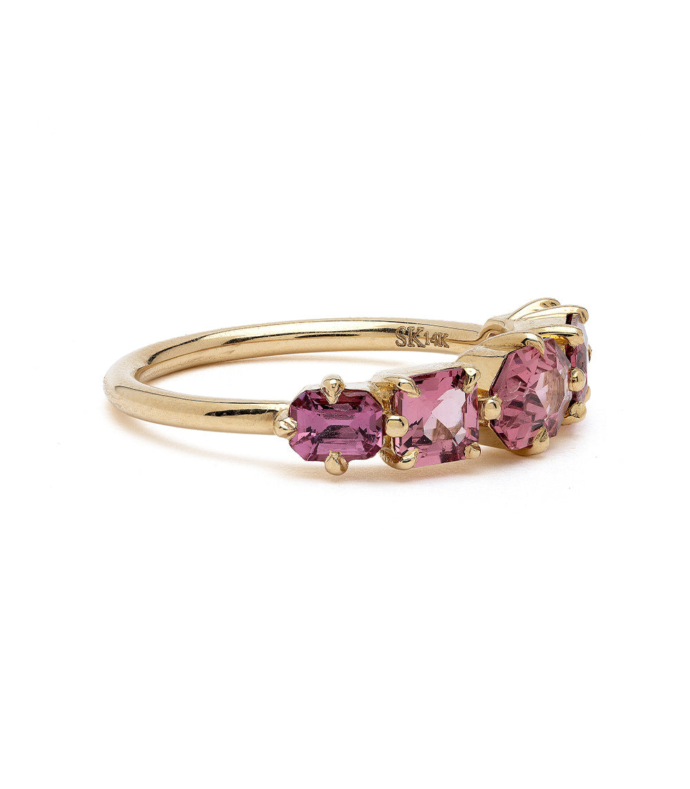 Claudette 5 Stone Band SK-R68B-5-MC-PS-1.64 gold ring with five pink stones in a band setting