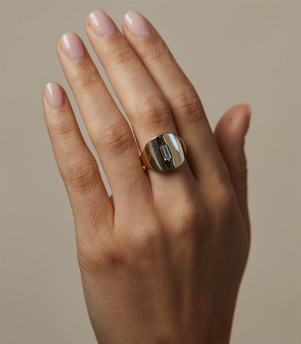Modern Signet by SR-R2-BC: shiny 14K gold signet ring with rectangular inset on fingers