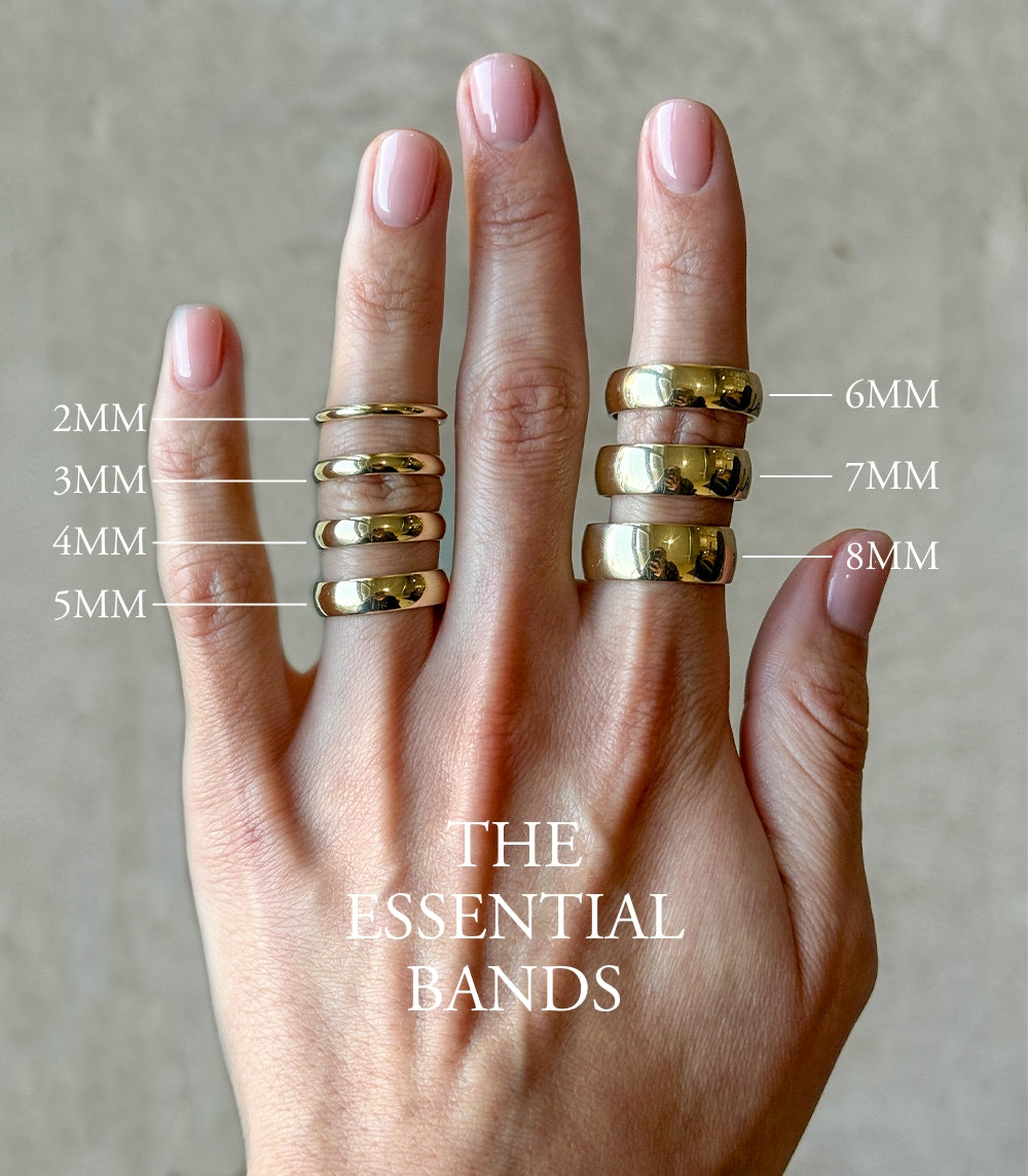 The Essential Band 7MM SB-R20 gold band ring with matte and shiny finish, shown on hand