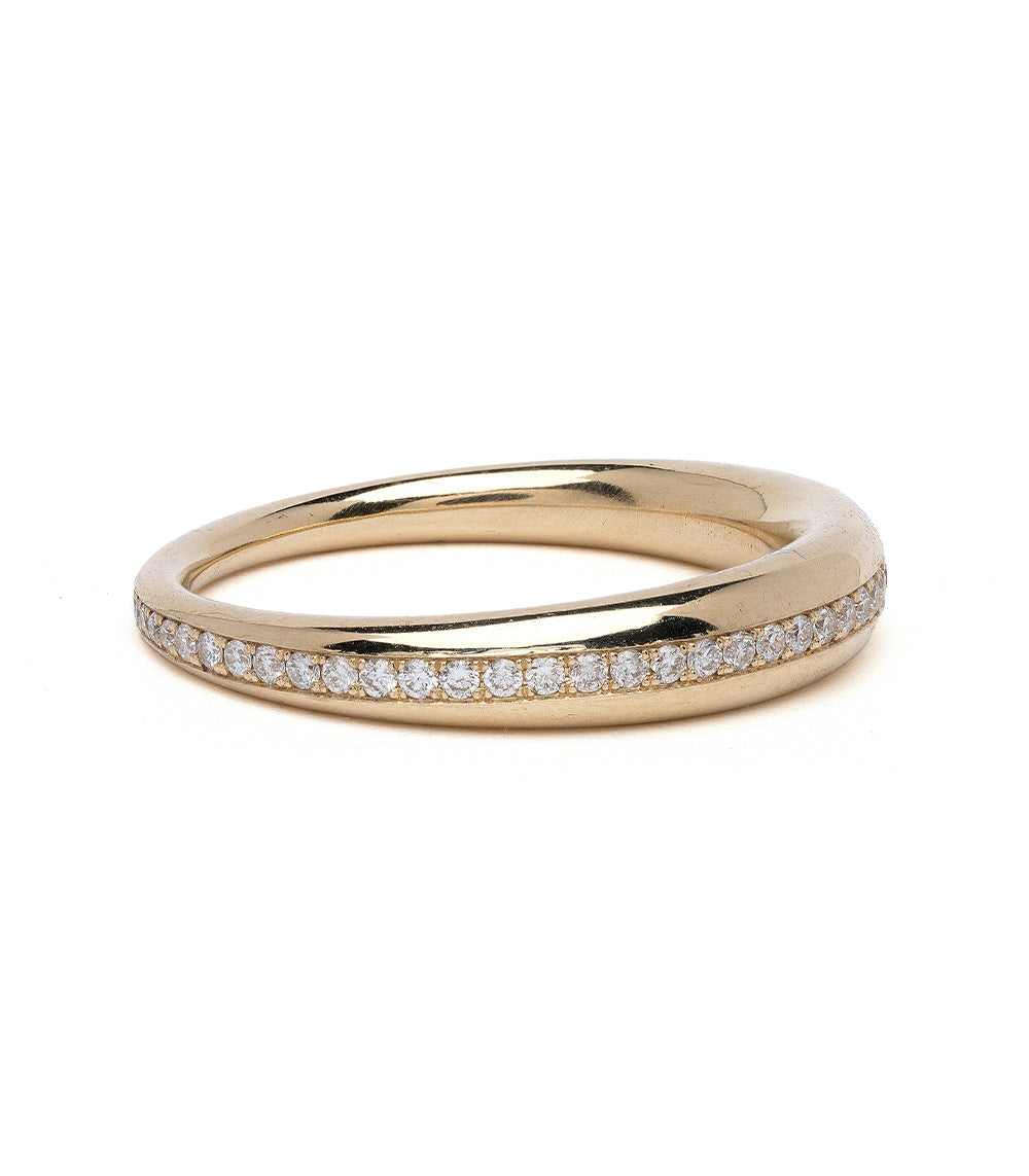 Mini Crescent A-R46-EB curved 14K yellow gold ring with shiny diamond pavé row along the edge