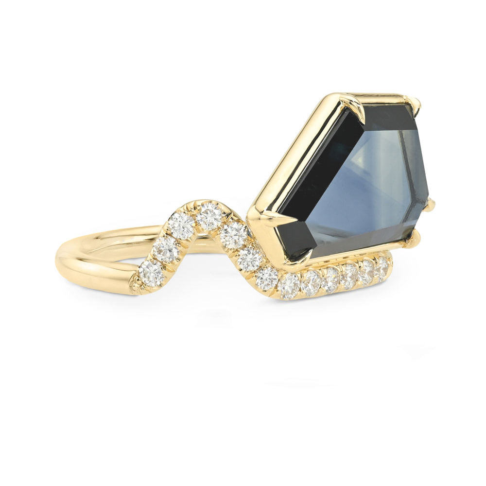 Aura by Sofia Kaman asymmetrical engagement ring in gold with large dark emerald-cut center stone