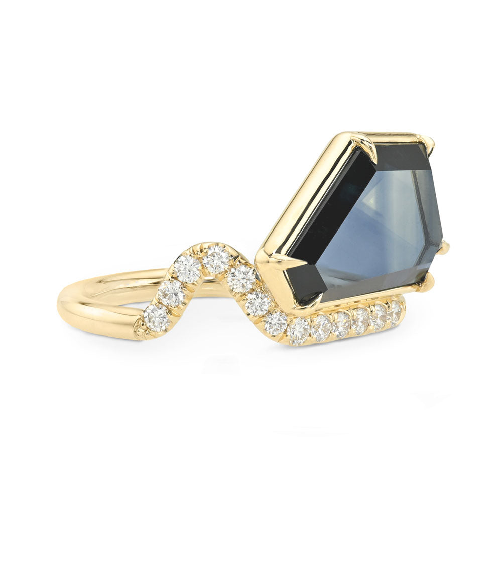 Aura by Sofia Kaman asymmetrical engagement ring in gold with large dark emerald-cut center stone