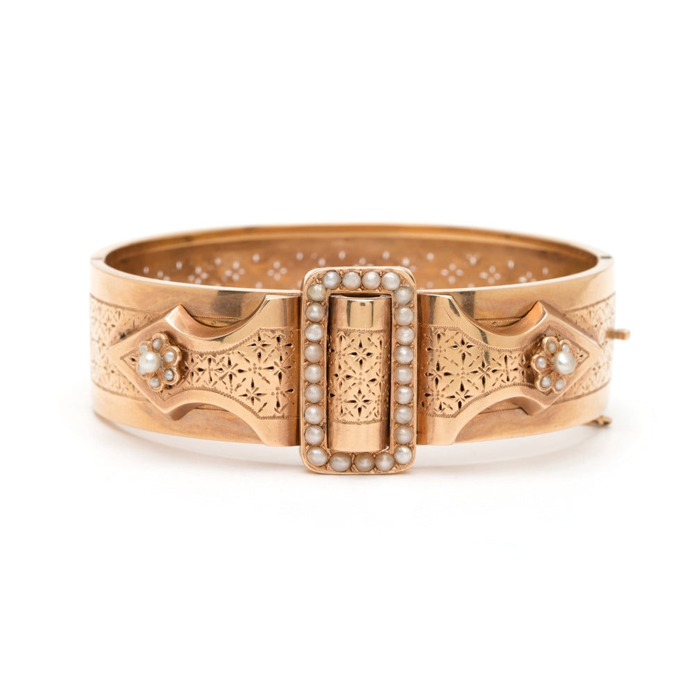 French Victorian Pierced Cuff by VC-B7 rose gold cuff bracelet with pearl border and engraved Victorian pattern