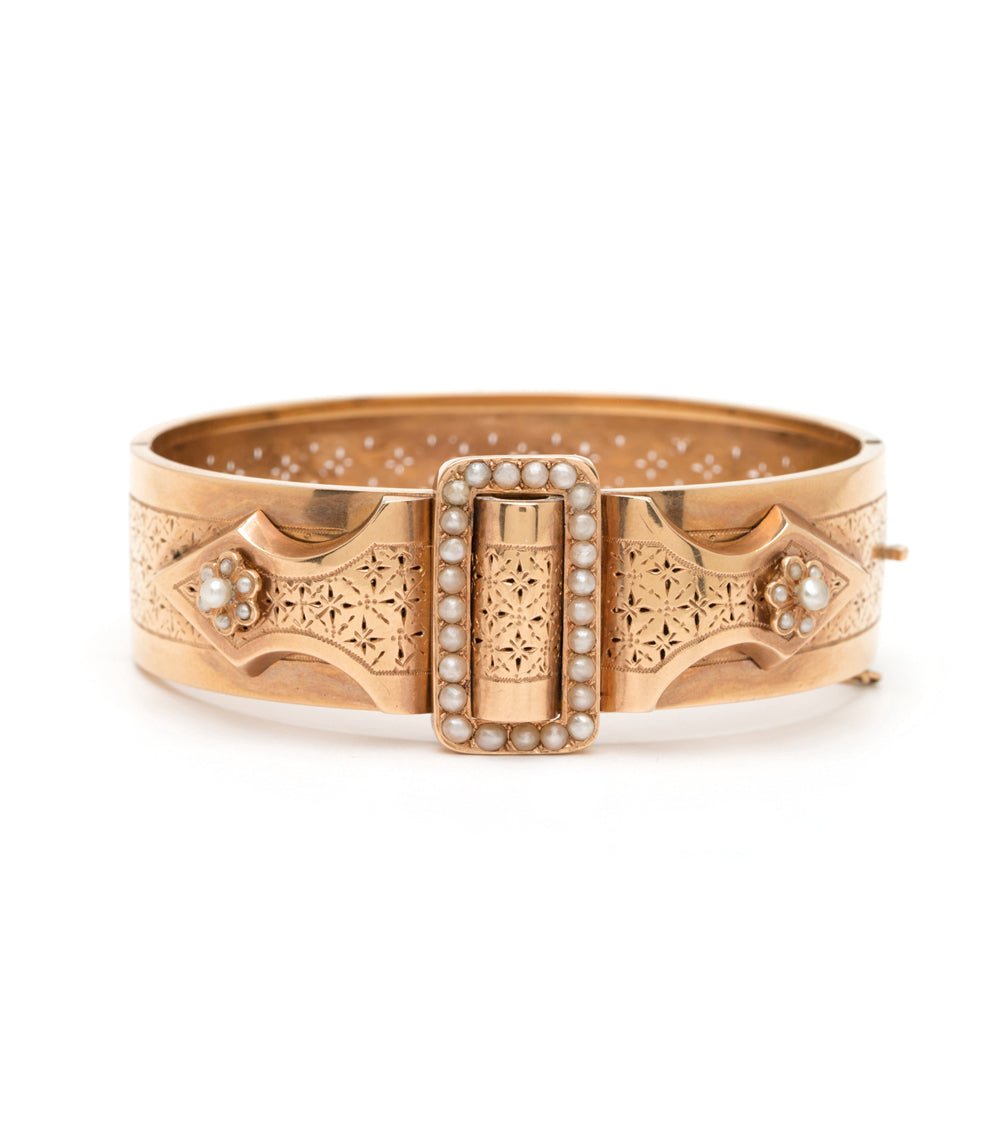 French Victorian Pierced Cuff by VC-B7 rose gold cuff bracelet with pearl border and engraved Victorian pattern