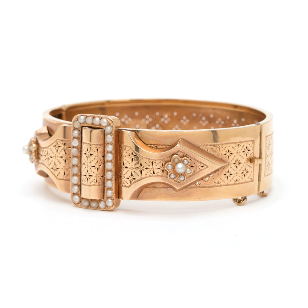 French Victorian Pierced Cuff VC-B7 gold cuff with pearl accents and engraved Victorian panel detail