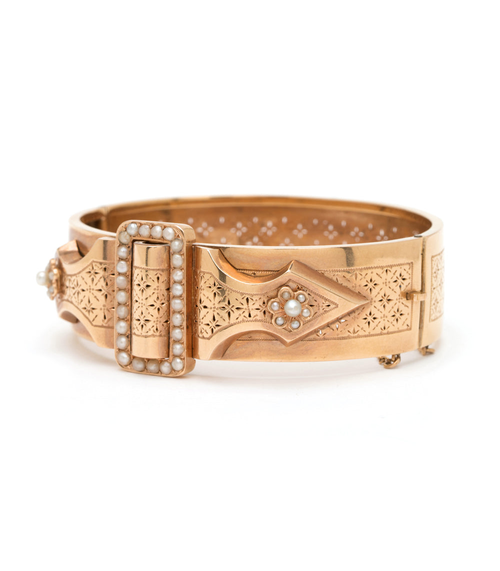 French Victorian Pierced Cuff VC-B7 gold cuff with pearl accents and engraved Victorian panel detail