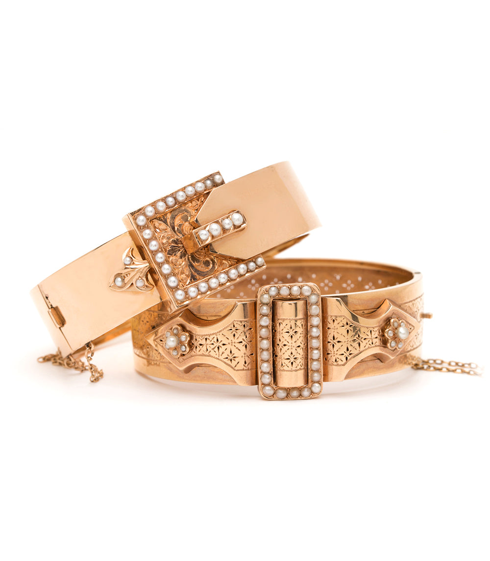 French Victorian Pierced Cuff VC-B7 cuff bracelet in gold with faux pearls and engraved Victorian detailing