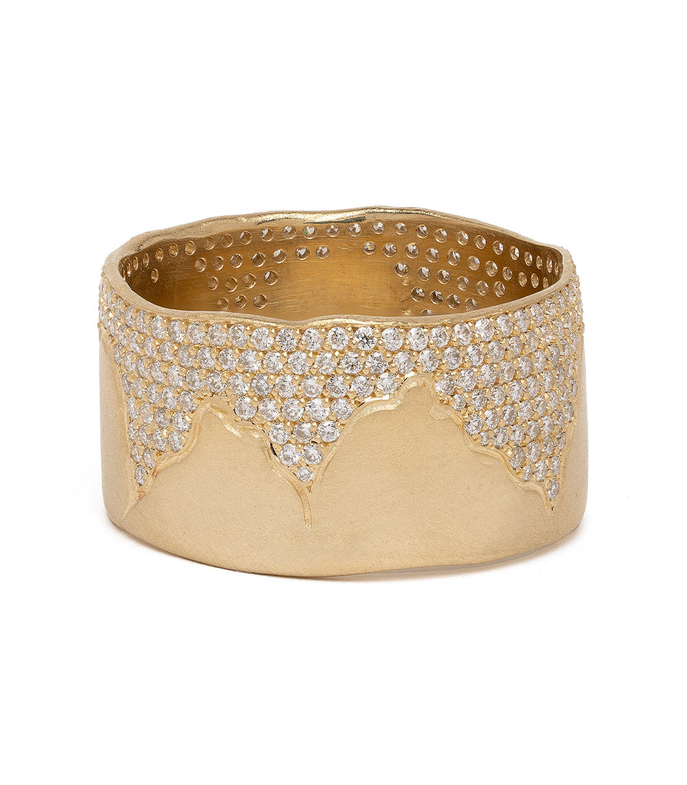 Cracked Band- 10mm P-R4-Cracked 14K yellow gold band with cracked motif and shiny diamond pavé sparkle