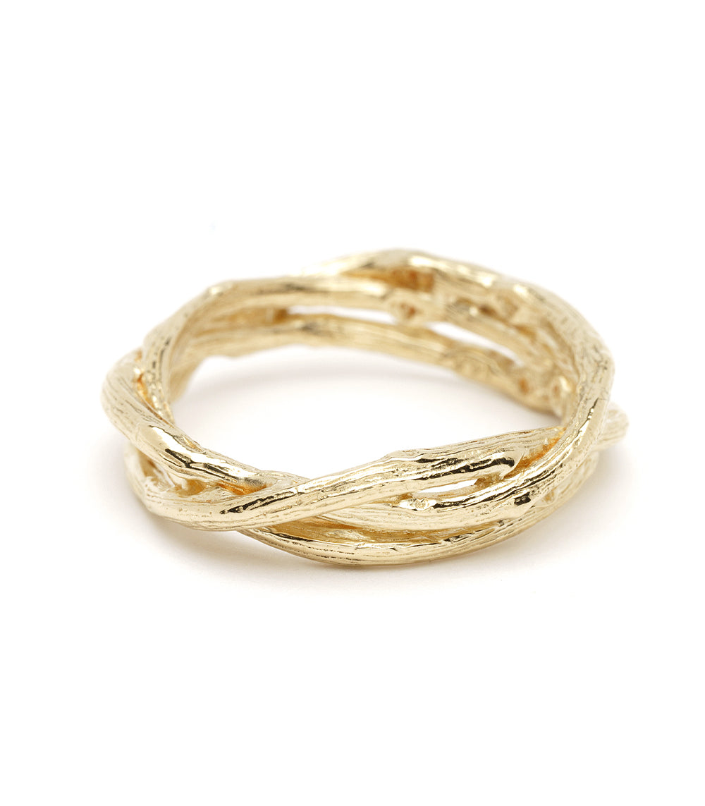 Woven Branches M-R5 ring band in shiny gold with woven branch texture and braided ridges
