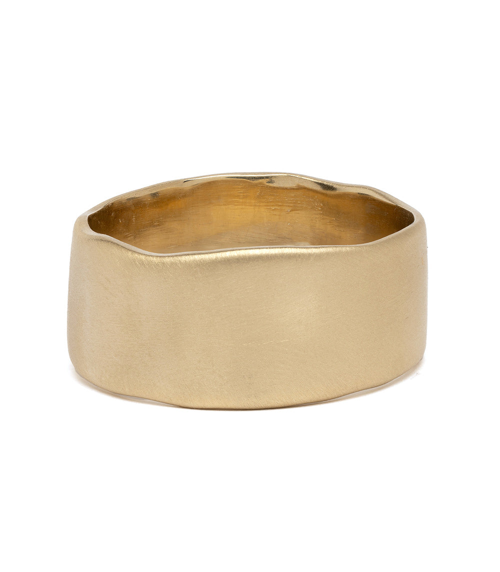 Torn Paper Band by P-R4 in 14K yellow gold shiny finish wide band with torn paper edge texture.