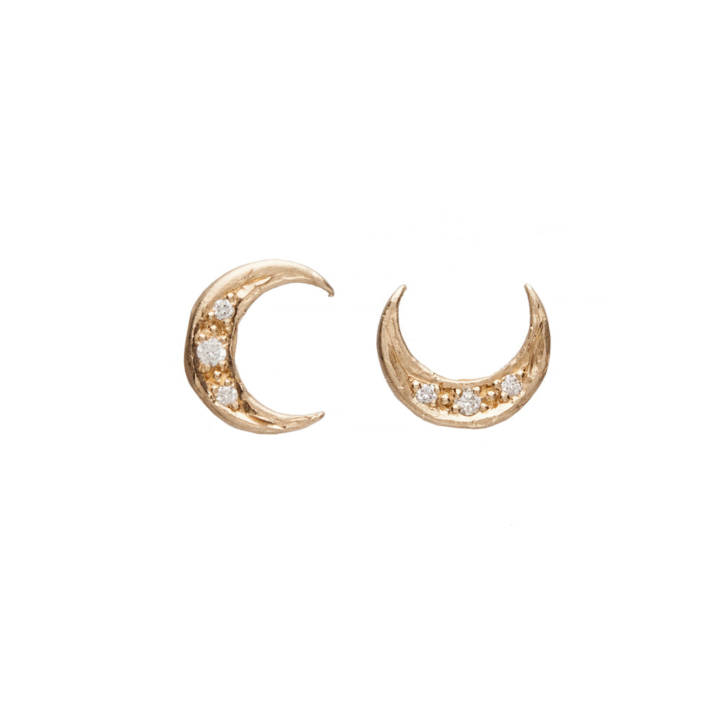 Crescent Moon Stud Earrings by ES-E18 14K yellow gold shiny moon with pavé diamond studs