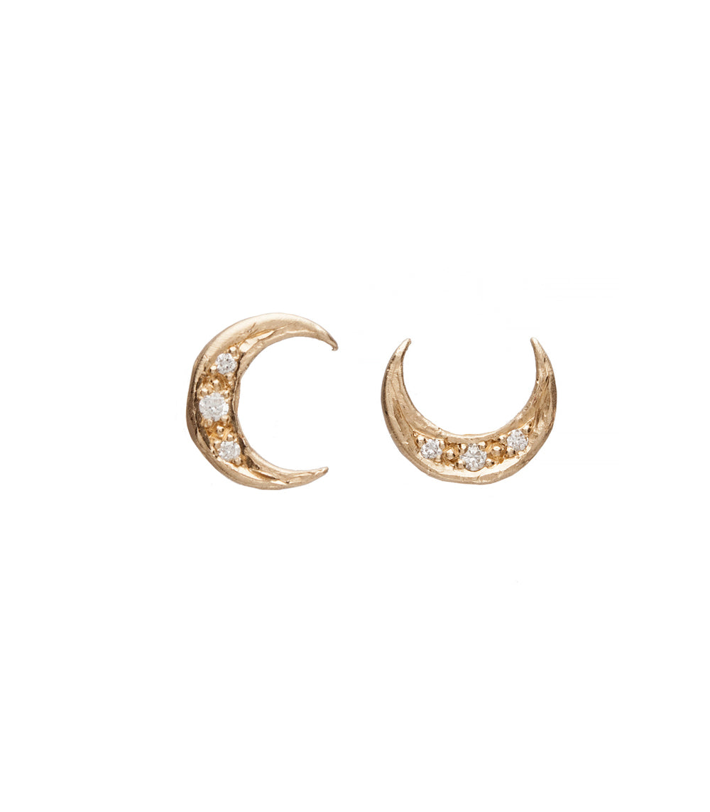 Crescent Moon Stud Earrings by ES-E18 14K yellow gold shiny moon with pavé diamond studs