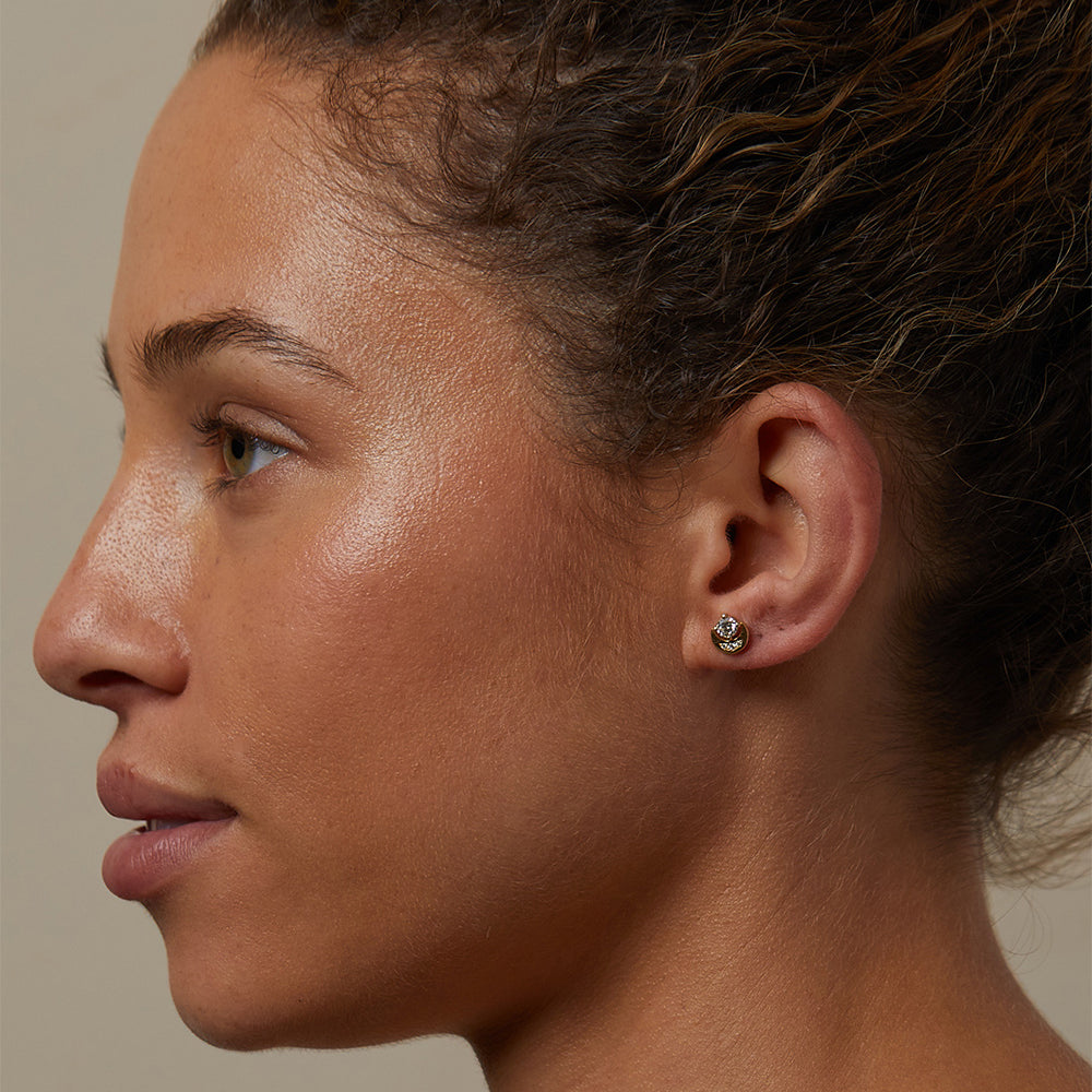 Boho Crescent Studs SK-E5-D boho crescent stud earrings in yellow gold with shiny finish on model