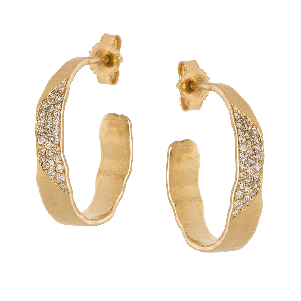 Small Torn Paper Hoops by P-EH3-Patch in shiny 14K yellow gold with sparkling pavé stones hoop earrings