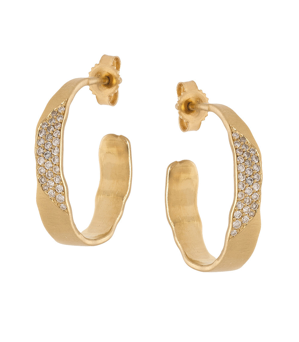 Small Torn Paper Hoops by P-EH3-Patch in shiny 14K yellow gold with sparkling pavé stones hoop earrings