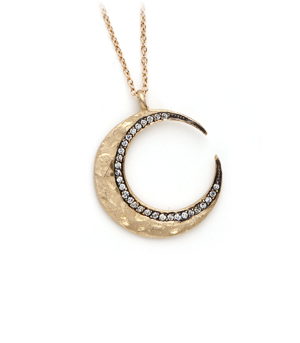Crescent Moon Necklace ES-N16B in matte 14K yellow gold with pavé diamond accents on a crescent moon