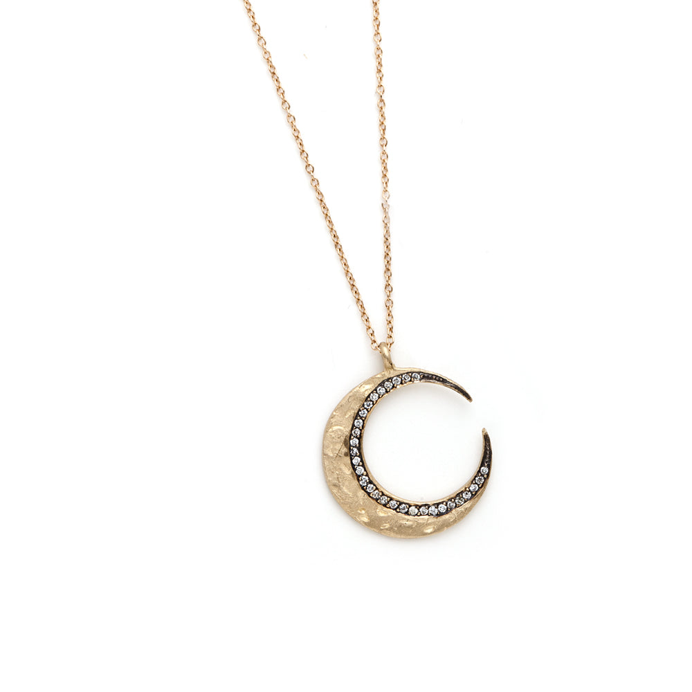 Crescent Moon Necklace ES-N16B matte 14K yellow gold pendant with diamond-like stone crescent on chain