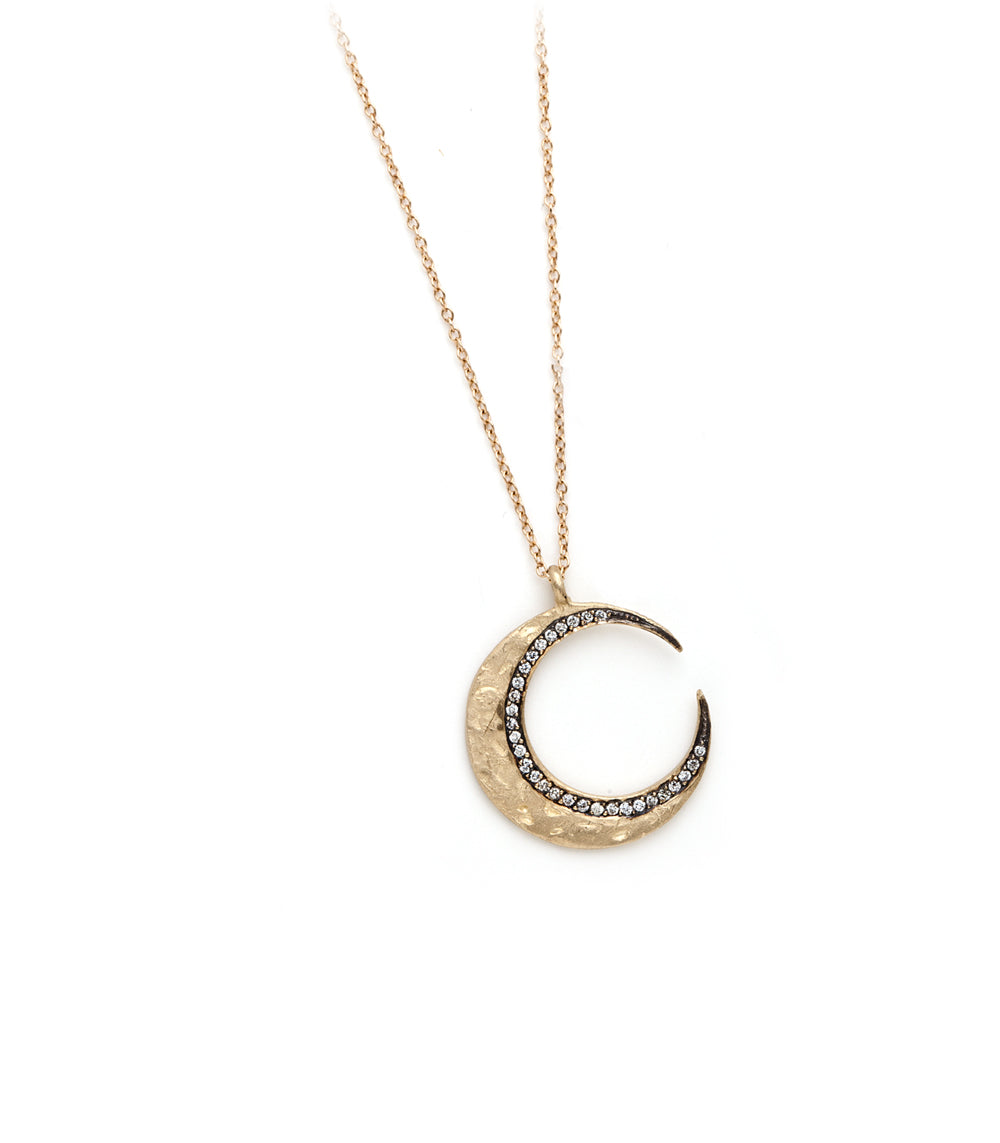 Crescent Moon Necklace ES-N16B matte 14K yellow gold pendant with diamond-like stone crescent on chain