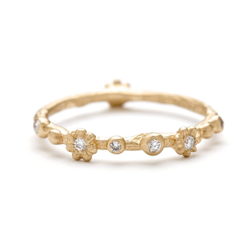 Twig Band ES-R26 14K yellow gold ring with shiny twig bandwork and small round diamond stones