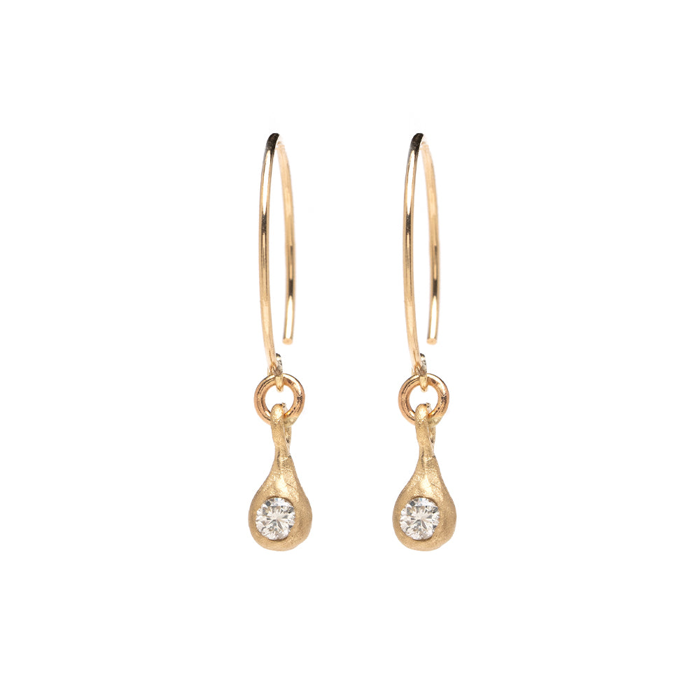 Dewdrop Earrings by T-E20 in shiny gold with hoop and teardrop charm, small round stone
