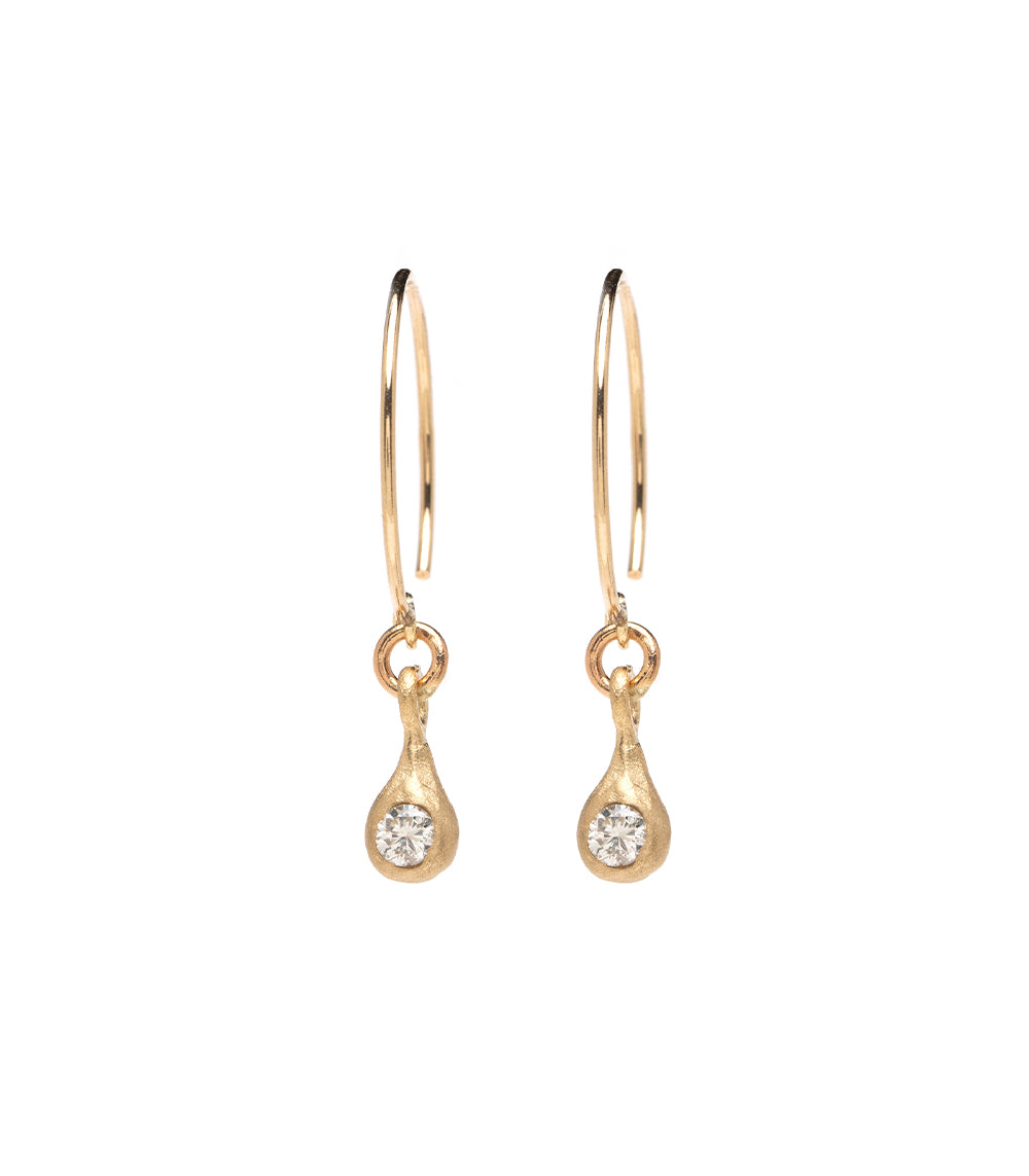 Dewdrop Earrings by T-E20 in shiny gold with hoop and teardrop charm, small round stone
