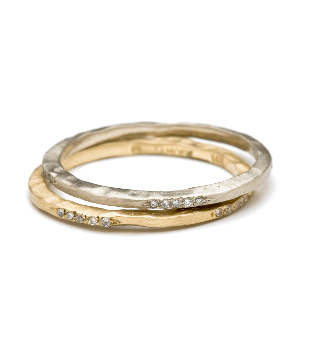 Skinny Stack ES-R11-P diamond ring set in 14K yellow and white gold with small stones, shiny