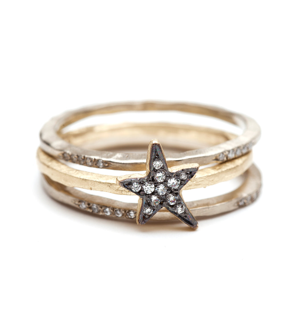Skinny Stack ES-R11-P ring stack in shiny 14K yellow gold with diamond star centerpiece
