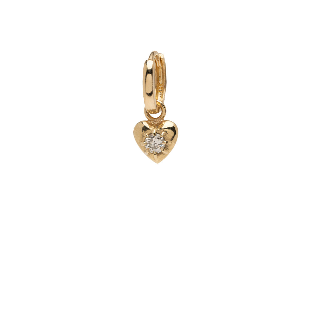ID HUGGIE NO.3 ID-E3 heart huggie earrings in gold with small round diamond drop charm