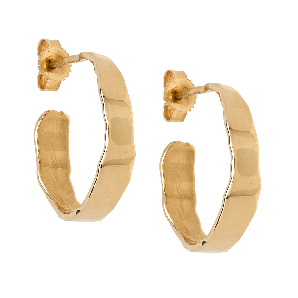 Small Torn Paper Hoops by P-EH3 shiny 14K yellow gold earrings, torn-paper texture, curved hoops.