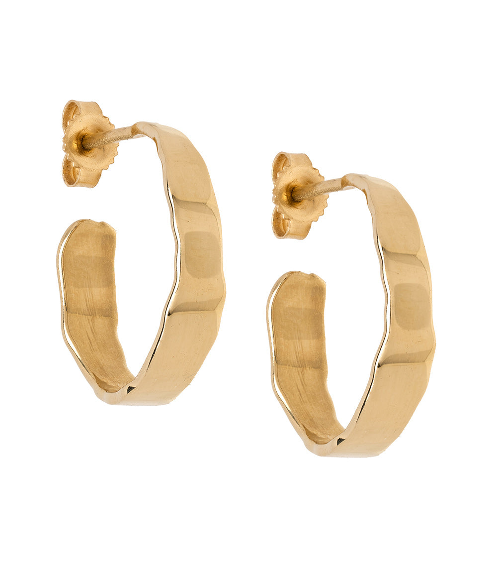 Small Torn Paper Hoops by P-EH3 shiny 14K yellow gold earrings, torn-paper texture, curved hoops.