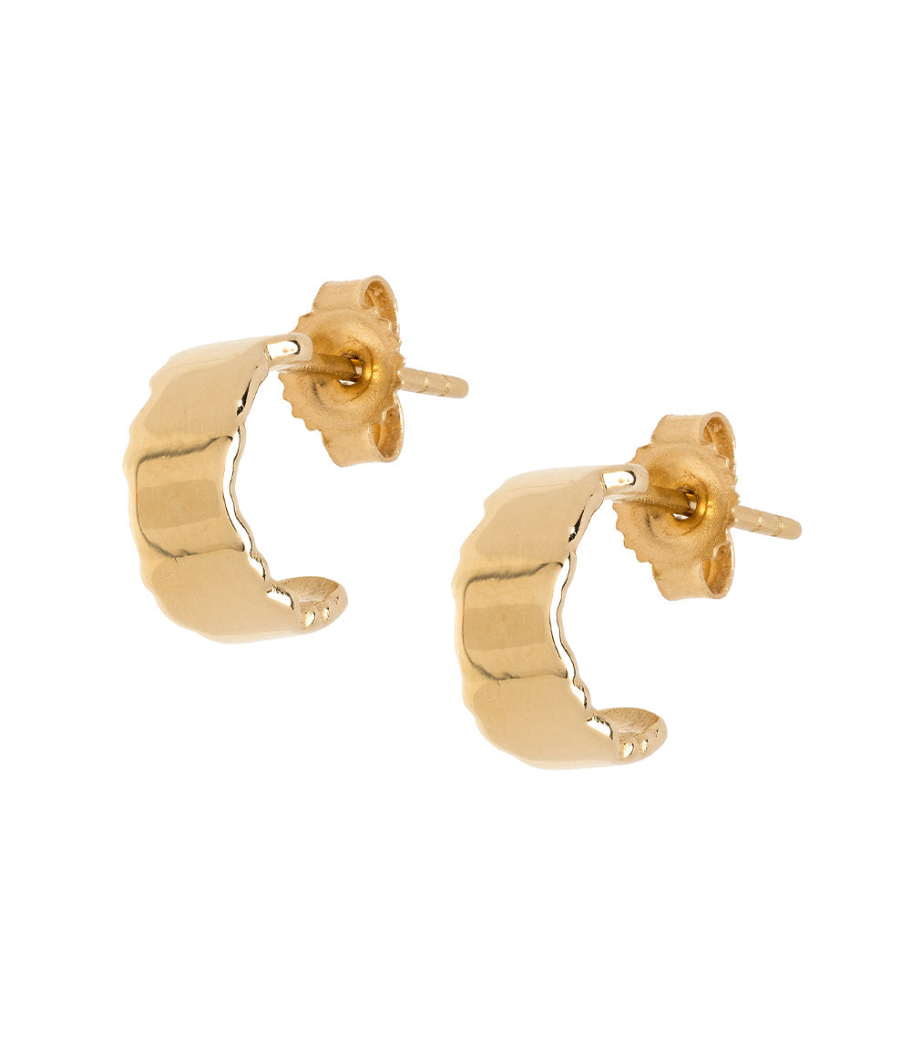 Mini Torn Paper Hoops by P-EH4 mini hoop earrings in 14K yellow gold with shiny torn-paper texture