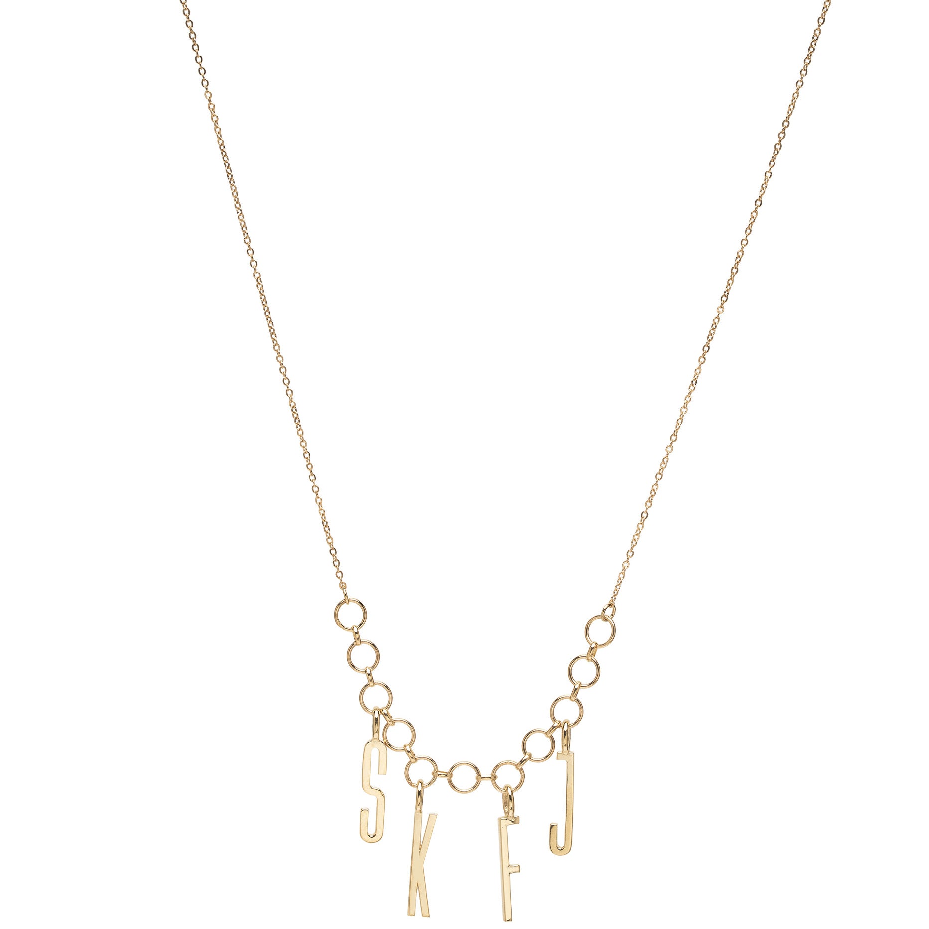 ID NECKLACE NO.10 ID-N10 gold necklace with circular link charms and dangling letter pendants