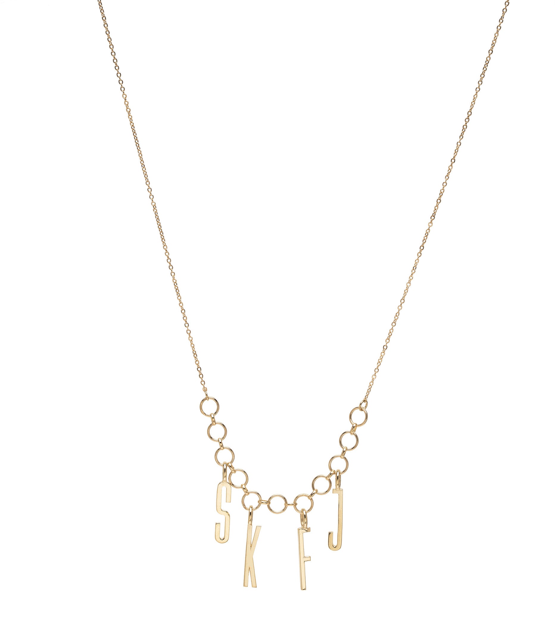 ID NECKLACE NO.10 ID-N10 gold necklace with circular link charms and dangling letter pendants