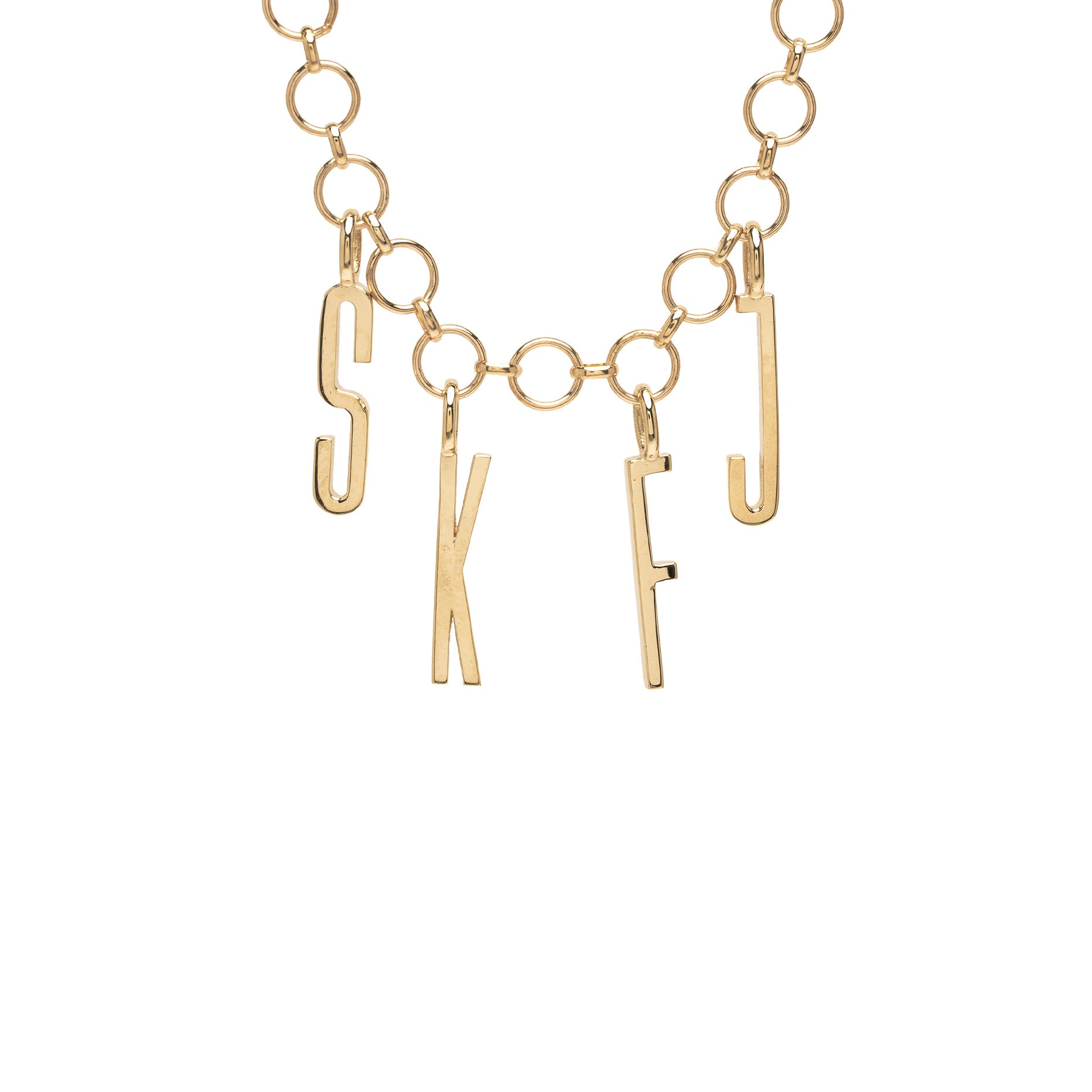 ID NECKLACE NO.10 ID-N10 gold tone link necklace with dangling letter charms on a chain