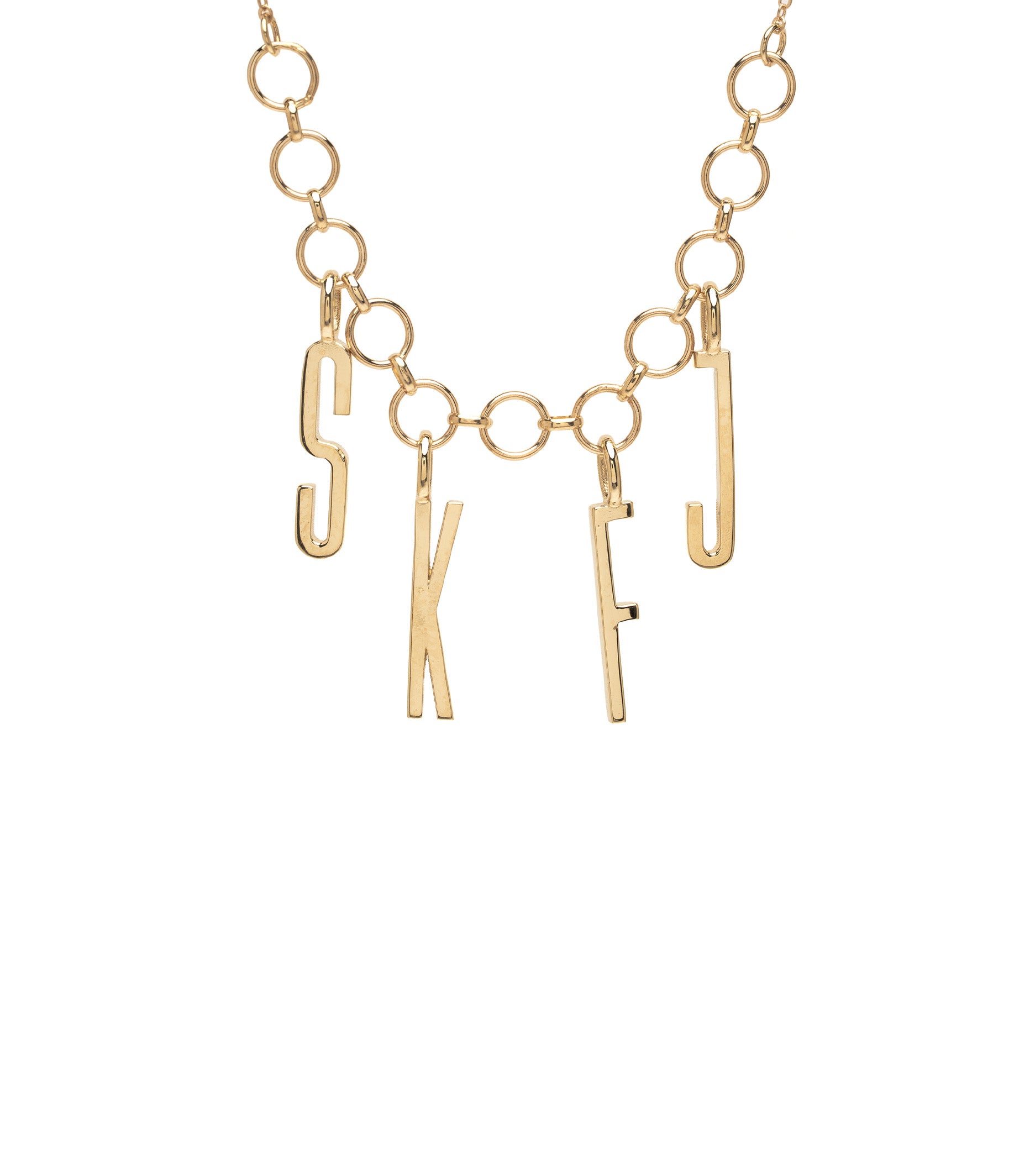ID NECKLACE NO.10 ID-N10 gold tone link necklace with dangling letter charms on a chain