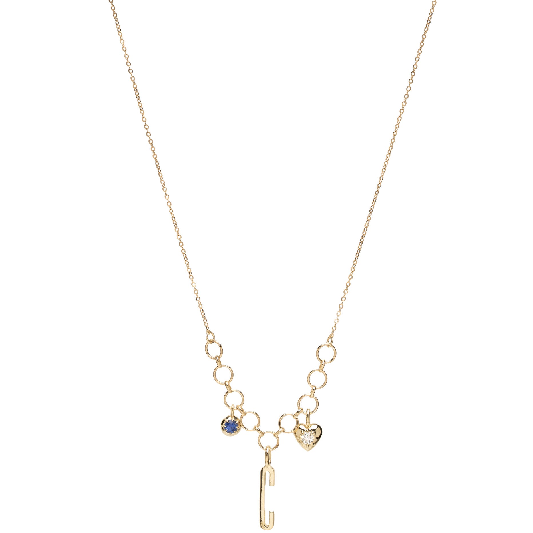 ID NECKLACE NO.8 by ID-N8 gold necklace chain with blue stone and heart charms in clear links