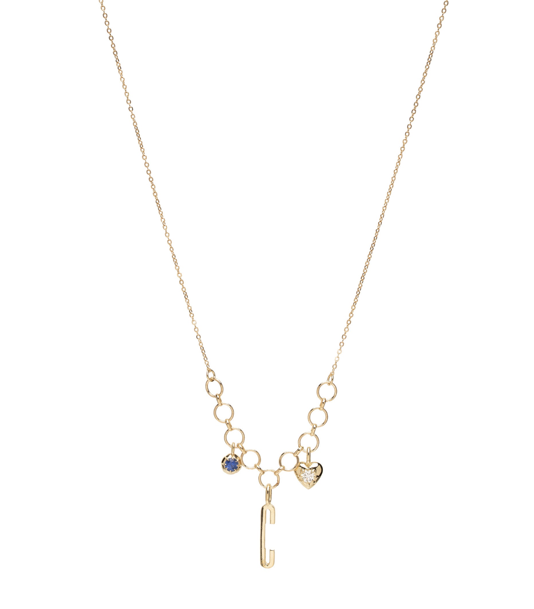 ID NECKLACE NO.8 by ID-N8 gold necklace chain with blue stone and heart charms in clear links