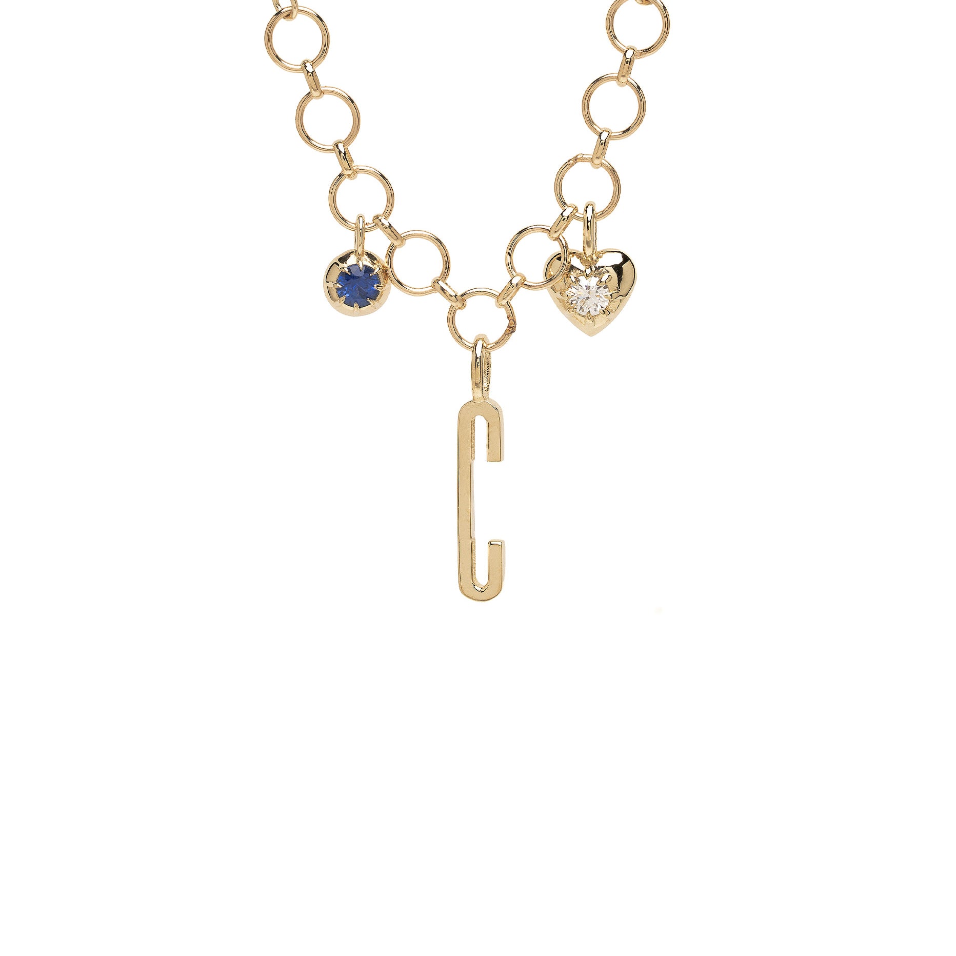 ID NECKLACE NO.8 by ID-N8 gold chain pendant with key charm, blue stone and heart cluster
