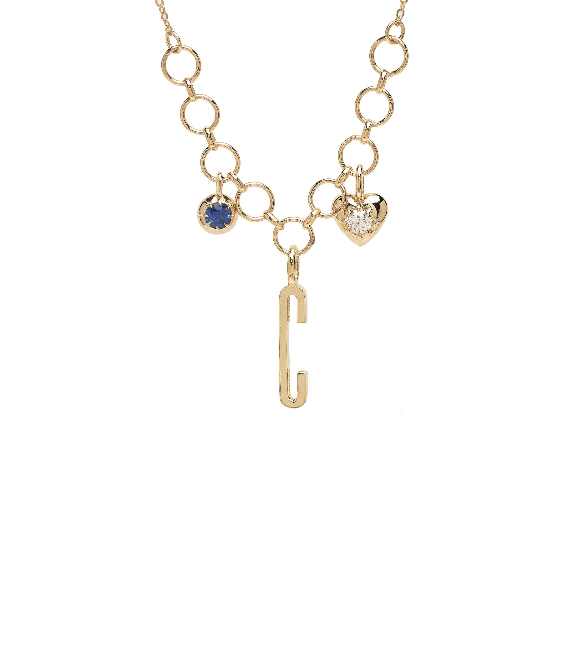 ID NECKLACE NO.8 by ID-N8 gold chain pendant with key charm, blue stone and heart cluster