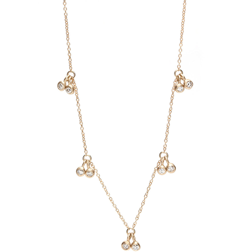 Cherries Necklace R-N16 shiny 14K yellow gold pendant chain with three cherry cluster charms and sparkle stones