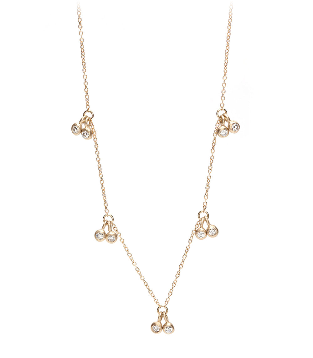 Cherries Necklace R-N16 shiny 14K yellow gold pendant chain with three cherry cluster charms and sparkle stones