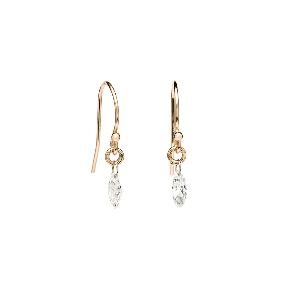 Dancing Diamond Dangle Earrings AL-E5 in 14K Yellow Gold with dangling clear stones, mirror-bright sparkle