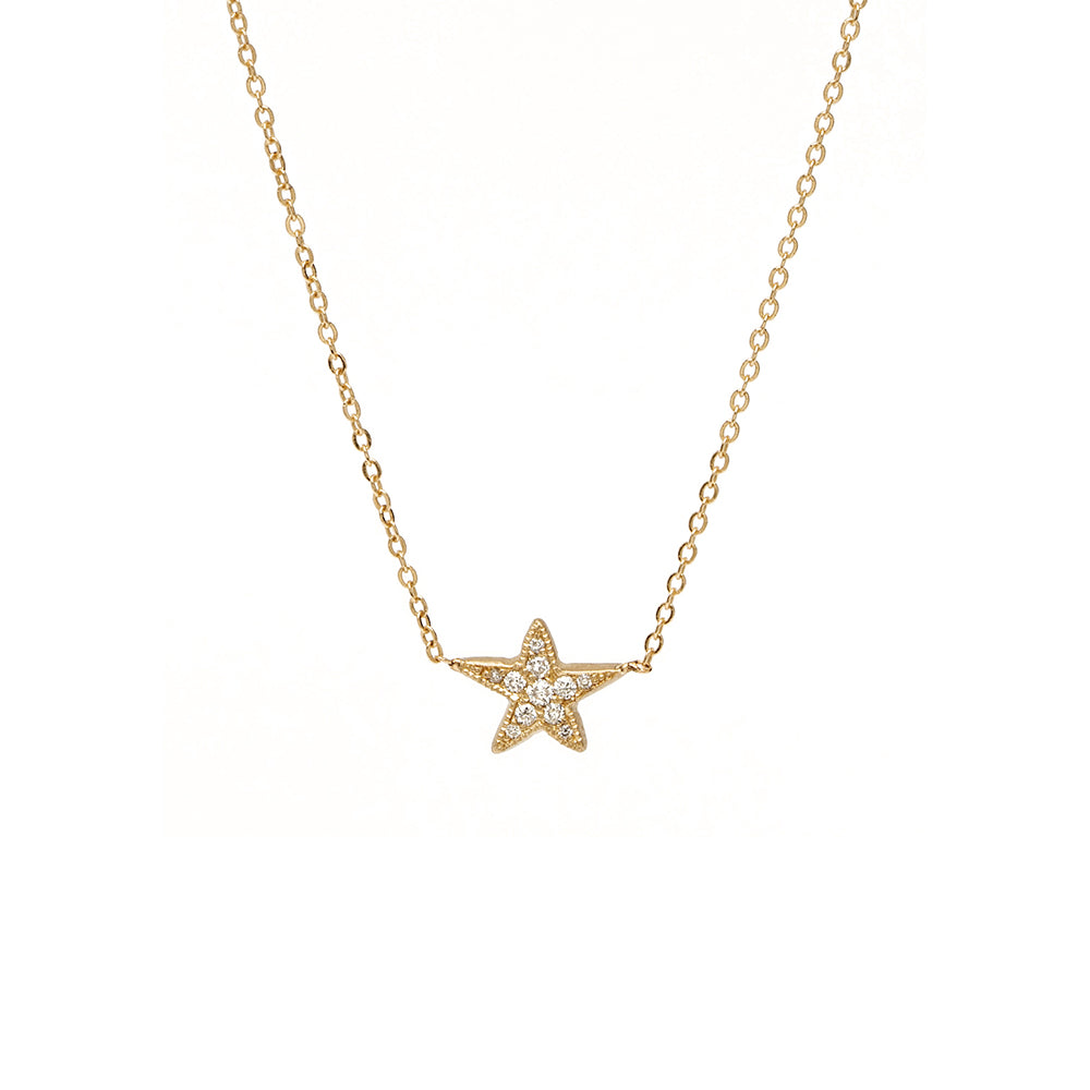 Shooting Star Necklace ES-N22-P star pendant necklace in shiny 14K yellow gold with sparkling stones.