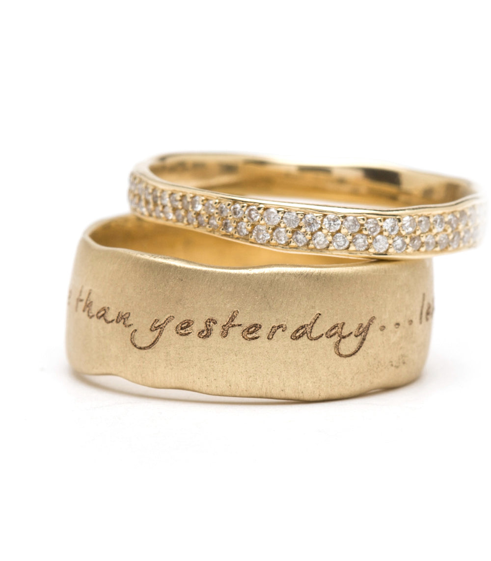 Torn Paper Band ring by P-R3-Engr in 14K yellow gold with shiny pavé diamonds band.