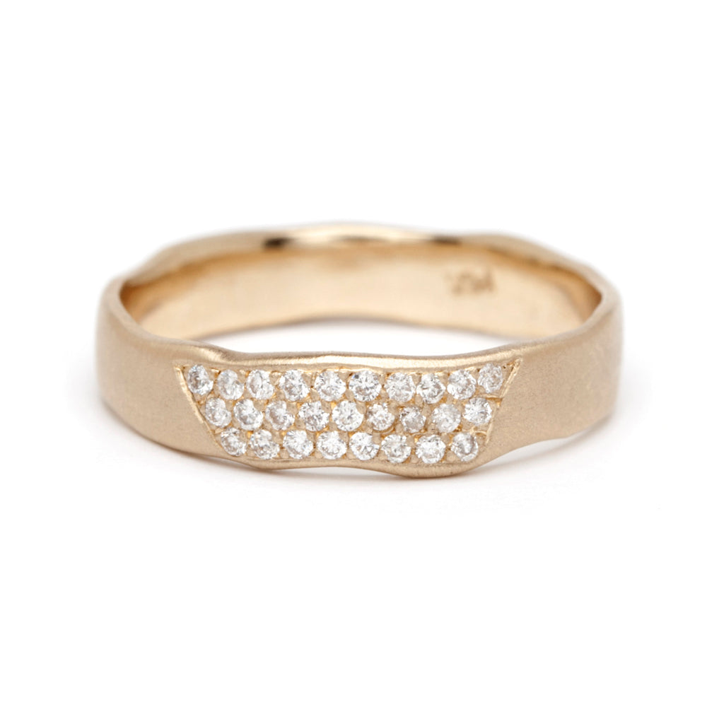 Torn Paper Band by P-R2-1spot gold band ring in 14K yellow gold with diamond pave wave detail