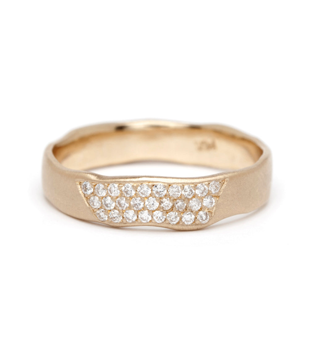 Torn Paper Band by P-R2-1spot gold band ring in 14K yellow gold with diamond pave wave detail