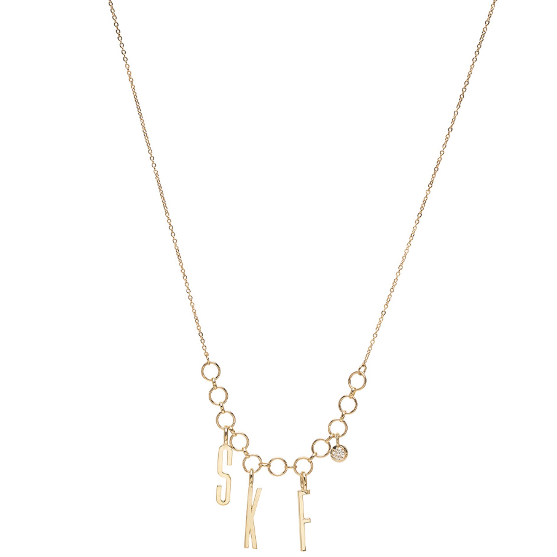 ID NECKLACE NO.9 by ID-N9 gold chain necklace with dangling initial charms and open links