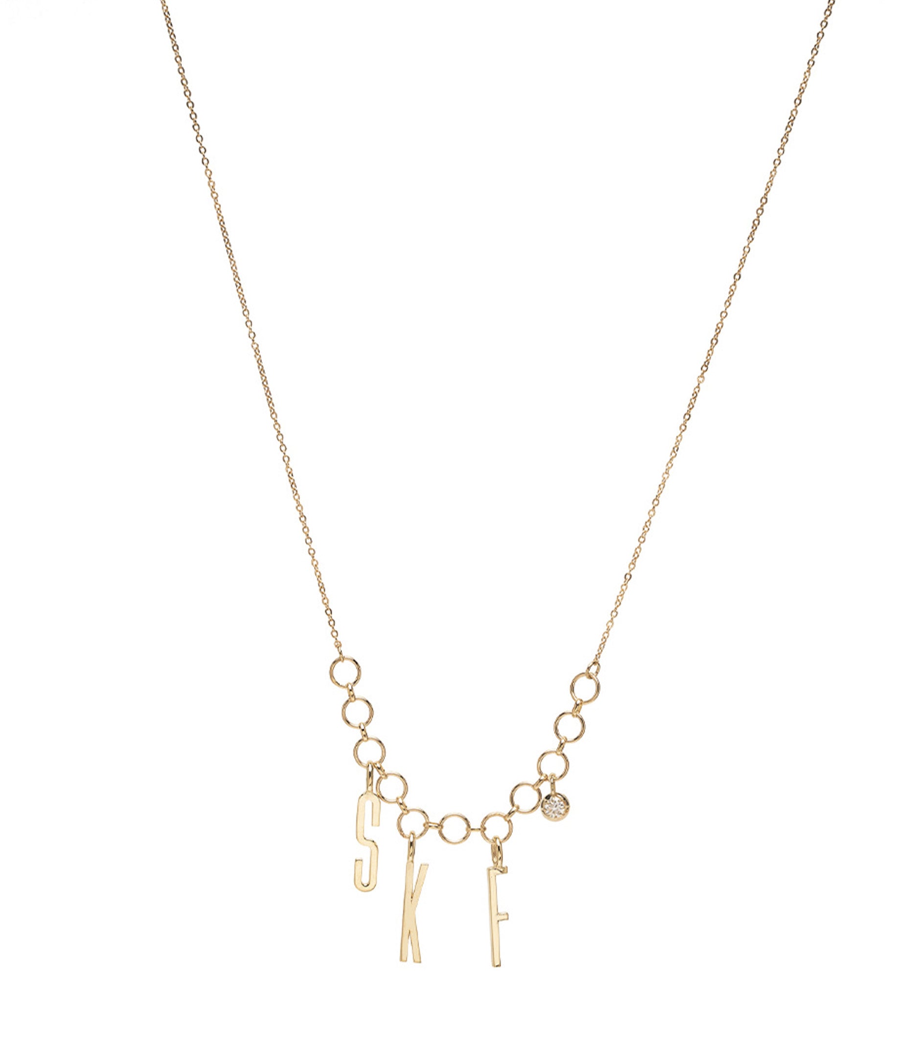 ID NECKLACE NO.9 by ID-N9 gold chain necklace with dangling initial charms and open links
