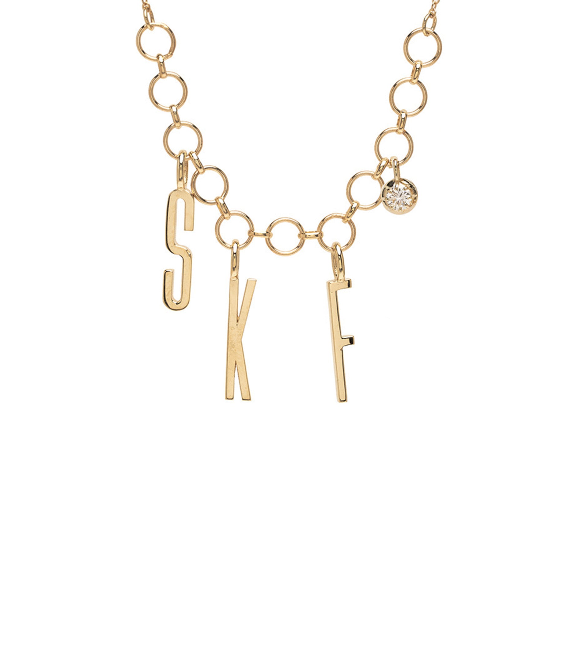 ID NECKLACE NO.9 by ID-N9 gold necklace with linked circles and letter charms, plus small round stone charm