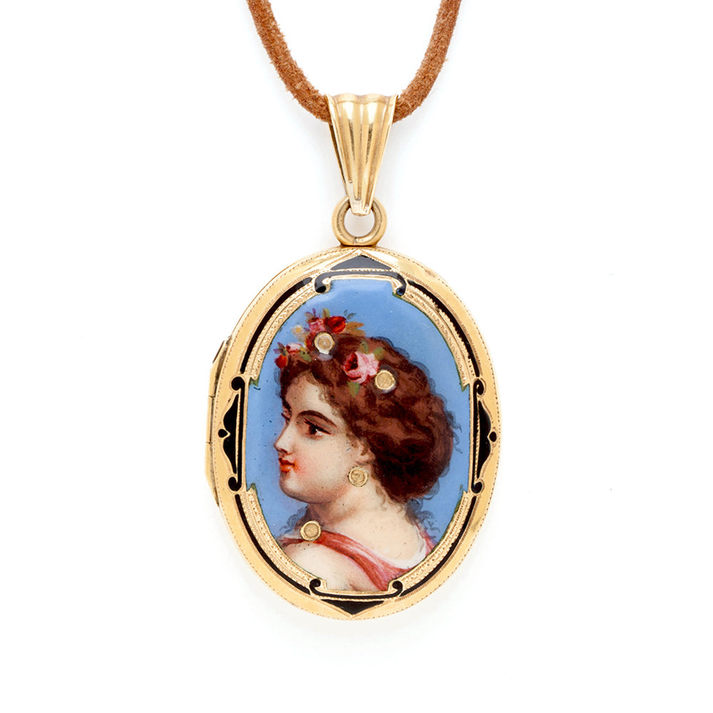 Art Nouveau Sweet Maiden Locket VC-P4 gold oval locket pendant with painted portrait and floral detail on chain